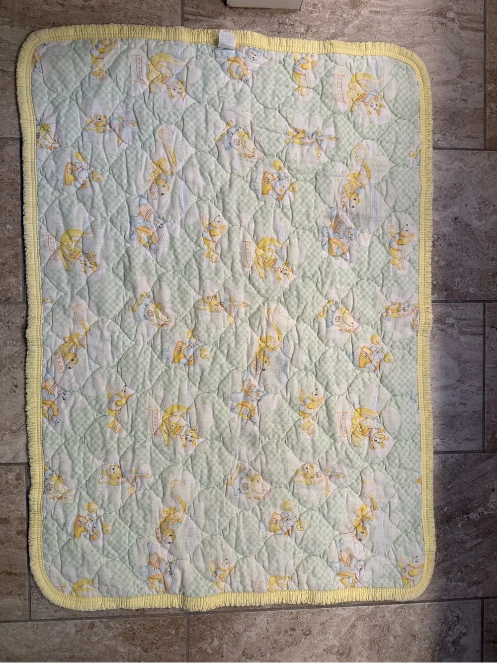 Vintage 1978 Dundee Mills Yellow Baby Quilted Crib Blanket with Animal Print
